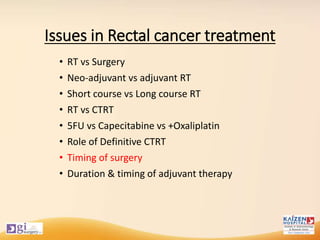 Issues in Rectal cancer treatment
• RT vs Surgery
• Neo-adjuvant vs adjuvant RT
• Short course vs Long course RT
• RT vs CTRT
• 5FU vs Capecitabine vs +Oxaliplatin
• Role of Definitive CTRT
• Timing of surgery
• Duration & timing of adjuvant therapy
 