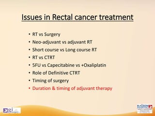 Issues in Rectal cancer treatment
• RT vs Surgery
• Neo-adjuvant vs adjuvant RT
• Short course vs Long course RT
• RT vs CTRT
• 5FU vs Capecitabine vs +Oxaliplatin
• Role of Definitive CTRT
• Timing of surgery
• Duration & timing of adjuvant therapy
 