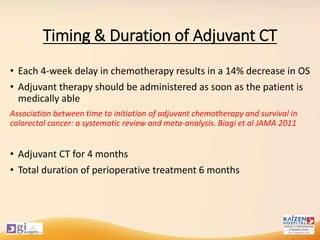 Timing & Duration of Adjuvant CT
• Each 4-week delay in chemotherapy results in a 14% decrease in OS
• Adjuvant therapy should be administered as soon as the patient is
medically able
Association between time to initiation of adjuvant chemotherapy and survival in
colorectal cancer: a systematic review and meta-analysis. Biagi et al JAMA 2011
• Adjuvant CT for 4 months
• Total duration of perioperative treatment 6 months
 