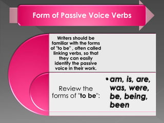 Form of Passive Voice Verbs
Writers should be
familiar with the forms
of "to be" , often called
linking verbs, so that
they can easily
identify the passive
voice in their work.
Review the
forms of "to be":
•am, is, are,
was, were,
be, being,
been
 