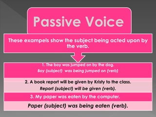 Passive Voice
3. My paper was eaten by the computer.
Paper (subject) was being eaten (verb).
1. The boy was jumped on by the dog.
Boy (subject) was being jumped on (verb)
2. A book report will be given by Kristy to the class.
Report (subject) will be given (verb).
These exampels show the subject being acted upon by
the verb.
 