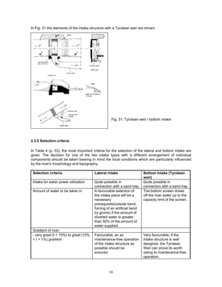 38
In Fig. 31 the elements of the intake structure with a Tyrolean weir are shown.
Fig. 31: Tyrolean weir / bottom intake
2.3.5 Selection criteria
In Table 4 (p. 53), the most important criteria for the selection of the lateral and bottom intake are
given. The decision for one of the two intake types with a different arrangement of individual
components should be taken bearing in mind the local conditions which are particularly influenced
by the river's morphology and topography.
Selection criteria Lateral intake Bottom intake (Tyrolean
weir)
Intake for water power utilization Quite possible in
connection with a sand trap
Quite possible in
connection with a sand trap
Amount of water to be taken in A favourable selection of
the intake place will be a
necessary
prerequisite(outside bend,
forcing of an artificial bend
by groins) if the amount of
diverted water is greater
than 50% of the amount of
water supplied.
The bottom screen draws
off the river water up to the
capacity limit of the screen.
Gradient of river:
- very great (I > 10%) to great (10%
> I > 1%) gradient
Favourable; an as
maintenance-free operation
of the intake structure as
possible should be
ensured.
Very favourable; if the
intake structure is well
designed, the Tyrolean
Weir can prove its worth
owing to maintenance-free
operation.
 