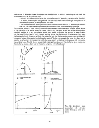 40
Irrespective of whether intake structures are selected with or without damming of the river, the
structures should be so designed that
- at times of the lowest discharge, the required amount of water QA can always be diverted,
- all floods, including the design flood, can be evacuated without damage being caused to
structures or objects, or danger to life and limb,
- the amount of water flowing into the canal is limited to the amount of water to be diverted
QA This can be achieved by installing suitable structures in the inlet or by spillways.
The potential effects of river training measures have already been dealt with in detail above. While
in the inlet area of a lateral, intake in rivers transporting bed load a weir sill is practically always
installed, a sluice is in fact much better suited than a weir for limiting the amount of water flowing
into the canal. In the case of both the weir and the sluice, the discharge is directly dependent upon
the headwater level. However, while in the case of a weir the discharge increases exponentially with
increasing height of the water level above the weir sill' it also increases in the case of a dam wall or
a sluice as a function of the opening width, but very rapidly tends to a limiting value with increasing
impounding head. Fig. 32 shows a quantitative comparison between the discharge over a weir and
the discharge below a dam wall at the same height ho in the headwater.
Fig. 32: Limitation resp.
evacuation of diverted
water through a weir or a
sluice
 