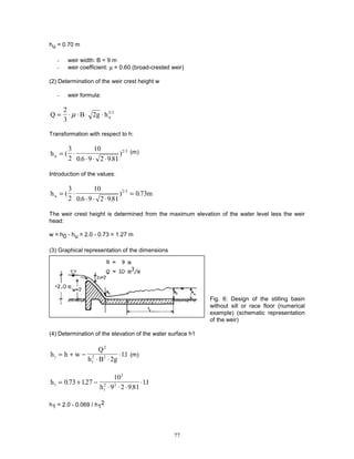 77
hu = 0.70 m
- weir width: B = 9 m
- weir coefficient: µ = 0.60 (broad-crested weir)
(2) Determination of the weir crest height w
- weir formula:
Q B g h
= ⋅ ⋅ ⋅ ⋅
2
3
2
µ ü
3/2
Transformation with respect to h:
hü = ⋅
⋅ ⋅ ⋅
(
. .
) /
3
2
10
0 6 9 2 981
2 3 (m)
Introduction of the values:
h m
ü = ⋅
⋅ ⋅ ⋅
=
(
. .
) .
/
3
2
10
0 6 9 2 981
0 73
2 3
The weir crest height is determined from the maximum elevation of the water level less the weir
head:
w = h0 - hu = 2.0 - 0.73 = 1.27 m
(3) Graphical representation of the dimensions
Fig. 6: Design of the stilling basin
without sill or race floor (numerical
example) (schematic representation
of the weir)
(4) Determination of the elevation of the water surface h1
h h w
Q
h B g
1
2
1
2 2
2
11
= + −
⋅ ⋅
⋅ . (m)
h
h
1
2
1
2 2
0 73 127
10
9 2 981
11
= + −
⋅ ⋅ ⋅
⋅
. .
.
.
h1 = 2.0 - 0.069 / h1
2
 
