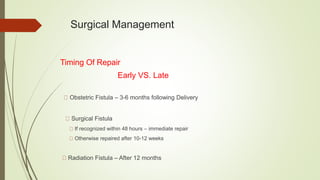 Surgical Management
Timing Of Repair
Early VS. Late
Obstetric Fistula – 3-6 months following Delivery
Surgical Fistula
If recognized within 48 hours – immediate repair
Otherwise repaired after 10-12 weeks
Radiation Fistula – After 12 months
 