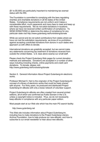 ($1 to $5,000) are particularly important to maintaining tax exempt
status with the IRS.

The Foundation is committed to complying with the laws regulating
charities and charitable donations in all 50 states of the United
States. Compliance requirements are not uniform and it takes a
considerable effort, much paperwork and many fees to meet and keep up
with these requirements. We do not solicit donations in locations
where we have not received written confirmation of compliance. To
SEND DONATIONS or determine the status of compliance for any
particular state visit http://www.gutenberg.net/fundraising/donate

While we cannot and do not solicit contributions from states where we
have not met the solicitation requirements, we know of no prohibition
against accepting unsolicited donations from donors in such states who
approach us with offers to donate.

International donations are gratefully accepted, but we cannot make
any statements concerning tax treatment of donations received from
outside the United States. U.S. laws alone swamp our small staff.

Please check the Project Gutenberg Web pages for current donation
methods and addresses. Donations are accepted in a number of other
ways including including checks, online payments and credit card
donations. To donate, please visit:
http://www.gutenberg.net/fundraising/donate


Section 5. General Information About Project Gutenberg-tm electronic
works.

Professor Michael S. Hart is the originator of the Project Gutenberg-tm
concept of a library of electronic works that could be freely shared
with anyone. For thirty years, he produced and distributed Project
Gutenberg-tm eBooks with only a loose network of volunteer support.

Project Gutenberg-tm eBooks are often created from several printed
editions, all of which are confirmed as Public Domain in the U.S.
unless a copyright notice is included. Thus, we do not necessarily
keep eBooks in compliance with any particular paper edition.

Most people start at our Web site which has the main PG search facility:

   http://www.gutenberg.net

This Web site includes information about Project Gutenberg-tm,
including how to make donations to the Project Gutenberg Literary
Archive Foundation, how to help produce our new eBooks, and how to
subscribe to our email newsletter to hear about new eBooks.
 