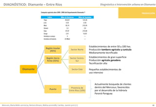 Diamante
Región insular
(45%)
Región tierra
firme (55%)
Sector Norte
Sector Centro-
Sur
Sector Este
Puerto Cargill S.A. (90%)
Provincia de
Entre Ríos (10%)
Establecimientos de entre 50 y 100 has.
Producción tambero-agrícola y cunícula
Medianamente tecnificado
Establecimientos de gran superficie
Producción agrícola ganadera
Tecnificación alta
Pequeños establecimientos de
uso intensivo
Actualmente búsqueda de clientes
dentro del Mercosur, favorecidos
por el desarrollo de la hidrovía
Paraná-Paraguay
Menconi, María Belén 41010074; Bertora Brown, Melina 41010086; Carriles, Jazmin 41011717 26
PRODUCCIÓN
DIAGNÓSTICO: Diamante – Entre Ríos Diagnóstico e intervención urbana en Diamante
 