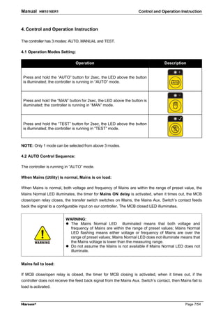 Manual     HM1016ER1                                                Control and Operation Instruction



4. Control and Operation Instruction

The controller has 3 modes: AUTO, MANUAL and TEST.

4.1 Operation Modes Setting:

                               Operation                                           Description


 Press and hold the “AUTO” button for 2sec, the LED above the button
 is illuminated; the controller is running in “AUTO” mode.



 Press and hold the “MAN” button for 2sec, the LED above the button is
 illuminated; the controller is running in “MAN” mode.



 Press and hold the “TEST” button for 2sec, the LED above the button
 is illuminated; the controller is running in “TEST” mode.



NOTE: Only 1 mode can be selected from above 3 modes.

4.2 AUTO Control Sequence:

The controller is running in “AUTO” mode.

When Mains (Utility) is normal, Mains is on load:

When Mains is normal, both voltage and frequency of Mains are within the range of preset value, the
Mains Normal LED illuminates, the timer for Mains ON delay is activated, when it times out, the MCB
close/open relay closes, the transfer switch switches on Mains, the Mains Aux. Switch’s contact feeds
back the signal to a configurable input on our controller. The MCB closed LED illuminates.


                         WARNING:
                           The Mains Normal LED illuminated means that both voltage and
                           frequency of Mains are within the range of preset values; Mains Normal
                           LED flashing means either voltage or frequency of Mains are over the
                           range of preset values; Mains Normal LED does not illuminate means that
                           the Mains voltage is lower than the measuring range.
                           Do not assume the Mains is not available if Mains Normal LED does not
                           illuminate.


Mains fail to load:

If MCB close/open relay is closed, the timer for MCB closing is activated, when it times out, if the
controller does not receive the feed back signal from the Mains Aux. Switch’s contact, then Mains fail to
load is activated.



Harsen®                                                                                        Page 7/54
 
