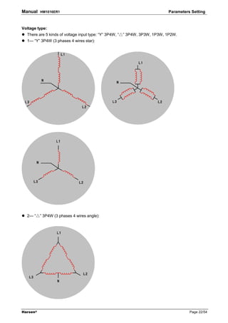 Manual    HM1016ER1                                                        Parameters Setting



Voltage type:
  There are 5 kinds of voltage input type: “Y” 3P4W, “△” 3P4W, 3P3W, 1P3W, 1P2W.
  1— “Y” 3P4W (3 phases 4 wires star):




  2— “△” 3P4W (3 phases 4 wires angle):




Harsen®                                                                              Page 22/54
 
