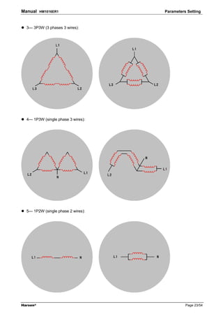 Manual    HM1016ER1                 Parameters Setting



  3— 3P3W (3 phases 3 wires):




  4— 1P3W (single phase 3 wires):




  5— 1P2W (single phase 2 wires):




Harsen®                                       Page 23/54
 