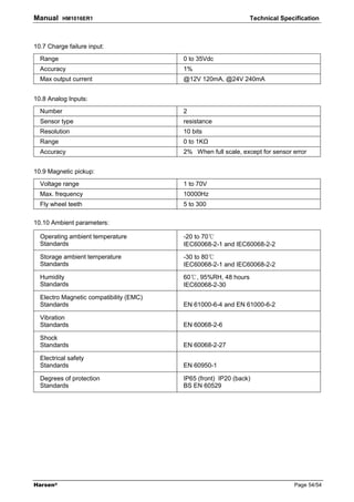 Manual    HM1016ER1                                             Technical Specification



10.7 Charge failure input:
  Range                                  0 to 35Vdc
  Accuracy                               1%
  Max output current                     @12V 120mA, @24V 240mA


10.8 Analog Inputs:
  Number                                 2
  Sensor type                            resistance
  Resolution                             10 bits
  Range                                  0 to 1K
  Accuracy                               2% When full scale, except for sensor error


10.9 Magnetic pickup:
  Voltage range                          1 to 70V
  Max. frequency                         10000Hz
  Fly wheel teeth                        5 to 300

10.10 Ambient parameters:

  Operating ambient temperature          -20 to 70℃
  Standards                              IEC60068-2-1 and IEC60068-2-2

  Storage ambient temperature            -30 to 80℃
  Standards                              IEC60068-2-1 and IEC60068-2-2

  Humidity                               60℃, 95%RH, 48 hours
  Standards                              IEC60068-2-30

  Electro Magnetic compatibility (EMC)
  Standards                              EN 61000-6-4 and EN 61000-6-2

  Vibration
  Standards                              EN 60068-2-6

  Shock
  Standards                              EN 60068-2-27

  Electrical safety
  Standards                              EN 60950-1

  Degrees of protection                  IP65 (front) IP20 (back)
  Standards                              BS EN 60529




Harsen®                                                                        Page 54/54
 