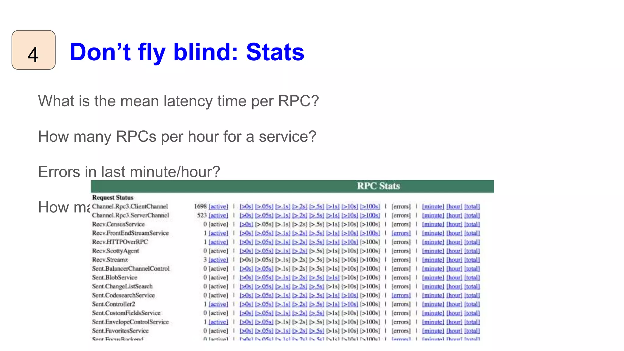 Don’t fly blind: Stats4
What is the mean latency time per RPC?
How many RPCs per hour for a service?
Errors in last minute/hour?
How many bytes sent? How many connections to my server?
 