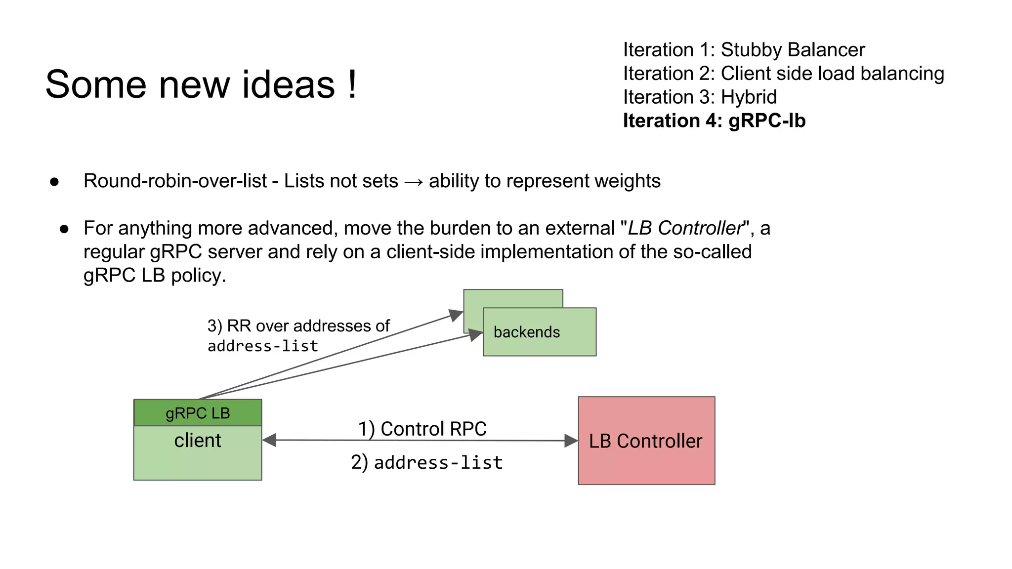 ● Round-robin-over-list - Lists not sets → ability to represent weights
● For anything more advanced, move the burden to an external "LB Controller", a
regular gRPC server and rely on a client-side implementation of the so-called
gRPC LB policy.
client LB Controller
backends
1) Control RPC
2) address-list
3) RR over addresses of
address-list
gRPC LB
Some new ideas !
Iteration 1: Stubby Balancer
Iteration 2: Client side load balancing
Iteration 3: Hybrid
Iteration 4: gRPC-lb
 