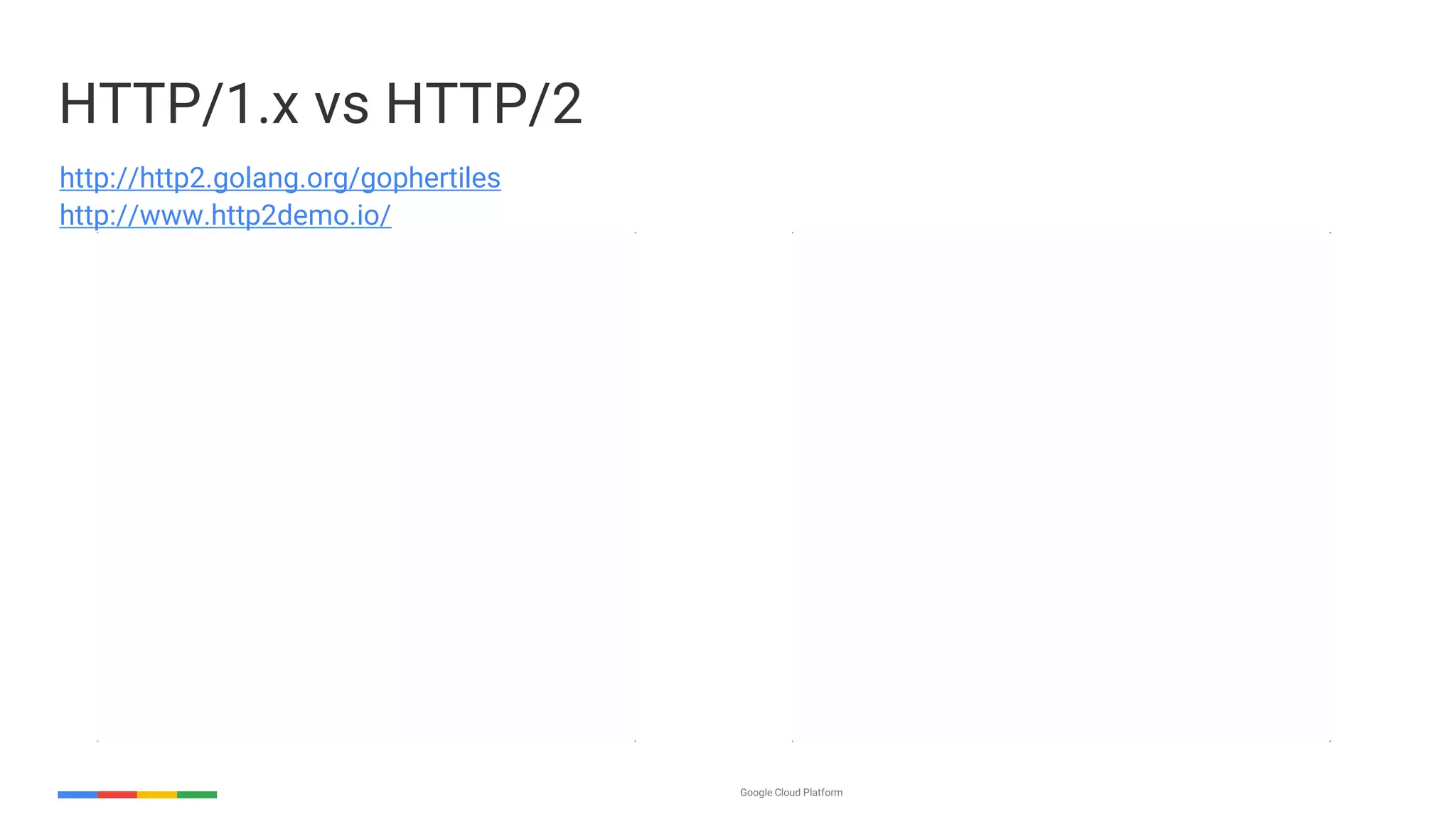 Google Cloud Platform
HTTP/1.x vs HTTP/2
http://http2.golang.org/gophertiles
http://www.http2demo.io/
 