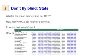 Don’t fly blind: Stats4
What is the mean latency time per RPC?
How many RPCs per hour for a service?
Errors in last minute/hour?
How many bytes sent? How many connections to my server?
 