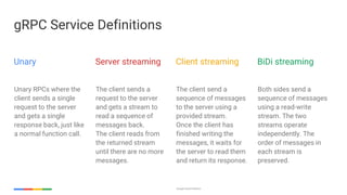 Google Cloud Platform
gRPC Service Definitions
Unary RPCs where the
client sends a single
request to the server
and gets a single
response back, just like
a normal function call.
The client sends a
request to the server
and gets a stream to
read a sequence of
messages back.
The client reads from
the returned stream
until there are no more
messages.
The client send a
sequence of messages
to the server using a
provided stream.
Once the client has
finished writing the
messages, it waits for
the server to read them
and return its response.
Client streaming
Both sides send a
sequence of messages
using a read-write
stream. The two
streams operate
independently. The
order of messages in
each stream is
preserved.
BiDi streamingUnary Server streaming
 
