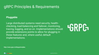 Google Cloud PlatformGoogle Cloud Platform
Pluggable
Large distributed systems need security, health-
checking, load-balancing and failover, monitoring,
tracing, logging, and so on. Implementations should
provide extensions points to allow for plugging in
these features and, where useful, default
implementations.
gRPC Principles & Requirements
http://www.grpc.io/blog/principles
 