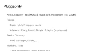 Auth & Security - TLS [Mutual], Plugin auth mechanism (e.g. OAuth)
Proxies
Basic: nghttp2, haproxy, traefik
Advanced: Envoy, linkerd, Google LB, Nginx (in progress)
Service Discovery
etcd, Zookeeper, Eureka, …
Monitor & Trace
Pluggability
 