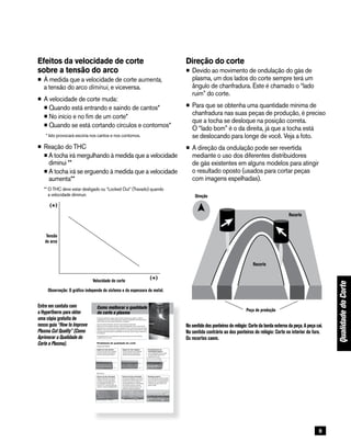 9
Efeitos da velocidade de corte
sobre a tensão do arco
•	À medida que a velocidade de corte aumenta,
a tensão do arco diminui, e viceversa.
•	A velocidade de corte muda:
	 •Quando está entrando e saindo de cantos*
	 •No início e no fim de um corte*
	 •Quando se está cortando círculos e contornos*
* Isto provocará escória nos cantos e nos contornos.
•	Reação do THC
	 •A tocha irá mergulhando à medida que a velocidade
diminui **
	 •A tocha irá se erguendo à medida que a velocidade
aumenta**
** O THC deve estar desligado ou “Locked Out” (Travado) quando
a velocidade diminuir.
(+)
Arc
voltage
Cutting speed (+)
Note: Graph is independent of system and metal thickness.
Direção do corte
•	Devido ao movimento de ondulação do gás de
plasma, um dos lados do corte sempre terá um
ângulo de chanfradura. Este é chamado o “lado
ruim” do corte.
•	Para que se obtenha uma quantidade mínima de
chanfradura nas suas peças de produção, é preciso
que a tocha se desloque na posição correta.
O “lado bom” é o da direita, já que a tocha está
se deslocando para longe de você. Veja a foto.
•	A direção da ondulação pode ser revertida
mediante o uso dos diferentes distribuidores
de gás existentes em alguns modelos para atingir
o resultado oposto (usados para cortar peças
com imagens espelhadas).
No sentido dos ponteiros do relógio: Corte da borda externa da peça. A peça cai.
No sentido contrário ao dos ponteiros do relógio: Corte no interior do furo.
Os recortes caem.
Direction
Scrap
Scrap
Production piece
QualidadedoCorte
Página 1 de 6
Como melhorar a qualidade
do corte a plasma
O guia de referência a seguir oferece várias soluções para ajudar a melhorar
a qualidade do corte. É importante tentar e testar as sugestões oferecidas porque
muitas vezes há vários fatores diferentes a considerar:
• Tipo de máquina (exemplo: mesa XY, puncionadora combinada)
• Sistema de corte a plasma (exemplo: fonte de alimentação, tocha, consumíveis)
• Dispositivo de controle de movimento (exemplo: CNC, controle de altura da tocha)
• Variáveis do processo (exemplo: velocidade de corte, pressões de gás, faixas de vazão)
• Variáveis externas (exemplo: variabilidade de materiais, pureza do gás, experiência
do operador)
É importante levar em consideração todos esses fatores ao tentar melhorar
a aparência de um corte.
Ângulo de corte negativo
Foram removidos mais materiais
da parte inferior da superfície
de corte que da parte superior.
Arredondamento da
extremidade superior
Leve arredondamento ao longo
da extremidade superior da
superfície de corte.
Problemas de qualidade do corte
Angularidade
Ângulo de corte positivo
Foram removidos mais materiais
da parte superior da superfície
de corte que da parte inferior.
Escória
Escória de alta velocidade
Pequeno ﬁlete linear de material
fundido que se ﬁxa e endurece
ao longo da extremidade inferior
do corte (linhas de atraso em
forma de “S”; a escória é difícil de
remover e requer esmerilhamento).
Escória de baixa velocidade
Um acúmulo globular ou em forma
de bolhas de material fundido que
se ﬁxa e endurece ao longo da
extremidade inferior do corte (pode
haver linhas de atraso verticais;
a escória é fácil de remover e se
quebra em pedaços grandes).
Respingo superior
Leve respingo de material fundido
que se acumula nas extremidades
superiores do corte (geralmente
irrelevante e mais comum com
plasma a AR).
Entre em contato com
a Hypertherm para obter
uma cópia gratuita de
nosso guia “How to Improve
Plasma Cut Quality” (Como
Aprimorar a Qualidade do
Corte a Plasma).
Velocidade de corte
Observação: O gráfico independe do sistema e da espessura do metal.
Tensão
do arco
Recorte
Direção
Recorte
Peça de produção
 