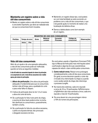 5
Mantenha um registro sobre a vida
útil dos consumíveis
•	Manter um registro sobre a vida útil dos consumíveis
é uma tarefa importante, que deve ser realizada toda
vez que os consumíveis forem trocados.
•	Mantendo um registro desse tipo, você poderá
ver com toda facilidade se está ocorrendo um
problema com a vida útil dos consumíveis, o que
é de grande ajuda no momento de realizar uma
localização de defeitos eficaz.
•	Damos a tabela abaixo como bom exemplo
de um registro.
Consumíveis
Vida útil dos consumíveis
Além de um ajuste e de uma operação adequados,
a vida útil dos consumíveis pode ser melhorada
quando se toma as seguintes medidas:
A vida útil média dos consumíveis depende do número de perfurações
e do comprimento do corte. A vida útil dos consumíveis não é medida
apenas pelo número de perfurações.
1.	Altura de perfuração. Uma altura de perfuração
adequada é fundamental para que os consumíveis
tenham vida útil longa, para a qualidade do corte
e para evitar falha no disparo.
•	A altura de perfuração deve ter de 1,5 a 2 vezes
a altura de corte da tocha.
•	Se a perfuração for feita muito perto da chapa,
a escória do blow‑back poderá entrar na tocha.
Isto danificará os consumíveis e, possivelmente,
também a tocha.
•	Se a perfuração for feita de uma altura excessiva,
o piloto se arqueará demais. Isto provocará
o desgaste excessivo do bico.
Se você estiver usando o Hypertherm Command THC,
veja no Manual de Instruções mais informações sobre
a perfuração e algumas de suas características
capazes de reduzir o dano sofrido pelos consumíveis.
2.	Como reduzir erros. Reduzir erros prolongará
consideravelmente a vida útil dos seus consumíveis.
Em geral, os erros decorrem quando o corte não
é iniciado e/ou interrompido na chapa ou quando
o arco acaba saindo da chapa. Isto interrompe
o processo Longlife.
•	Na maioria dos sistemas, cada erro equivale
a cerca de 10 ou 15 perfurações. HyPerformance
e HyDefinition são mais sensíveis a erros; cada erro
equivale a mais de 15 perfurações.
•	Os erros devem ter uma porcentagem inferior
a 10% do número de perfurações.
Registro de Uso dos Consumíveis
Partidas Tempo de arco Erros
Material
cortado
Corrente/
Processo
Código do
consumível
Observações
Início Fim
 