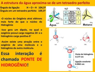 A estruturadaáguaaproxima-se de um tetraedroperfeitoÂngulodaligação            H – O – H   104,5ºÂnguloem um tetraedroperfeito   109,5º-O núcleo do Oxigênioatraielétronsmais forte do que o núcleo do Hidrogênio-Issogera um dipolo, no qual o oxigêniopossuicarganegativa 2δ- e o hidrogêniocargapositivaδ+-Assimexisteumaatração entre o oxigênio de umamolécula e o hidrogênio de outramolécula.Essainteração é chamadaPONTE DE HIDROGÊNIO!Ponte de hidrogênio0.177 nmLigaçãocovalente0.0965 nm