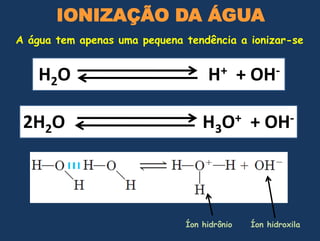 IONIZAÇÃO DA ÁGUAA água tem apenasumapequenatendência a ionizar-seH2O                               H+  + OH-2H2O                               H3O+  + OH-ÍonhidrônioÍonhidroxila