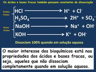 Os ácidos e bases fracas tambémpossuemconstantes de dissociaçãoHCl                               H+  + Cl-ÁcidosFortesH2SO4                               2H+  + SO4-NaOH                              Na+  + OH-BasesFortesKOH                              K+  + OH-Dissociam 100% quandoemsoluçãoaquosaO maiorinteresse dos bioquímicosestánaspropriedades dos ácidos e bases fracas, ouseja, aquelesquenãodissociamcompletamentequandoemsoluçãoaquosa.