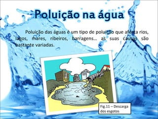 Poluição das águas é um tipo de poluição que afecta rios, lagos, mares, ribeiros, barragens… as suas causas são bastante variadas. Fig.11 – Descarga dos esgotos 