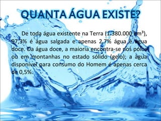 De toda água existente na Terra (1.380.000 km³), 97,3% é água salgada e apenas 2,7% água é água doce. Da água doce, a maioria encontra-se nos pólos ou em montanhas no estado sólido (gelo); a água disponível para consumo do Homem é apenas cerca de 0,5%. 