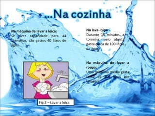 Na máquina de lavar a loiça: Se tiver capacidade para 44 utensílios, são gastos 40 litros de água. Na máquina de lavar a roupa: Uma máquina média gasta cerca de 100 litros por lavagem. No lava-loiça: Durante 15 minutos, a torneira meio aberta gasta cerca de 100 litros de água. Fig.3 – Lavar a loiça 
