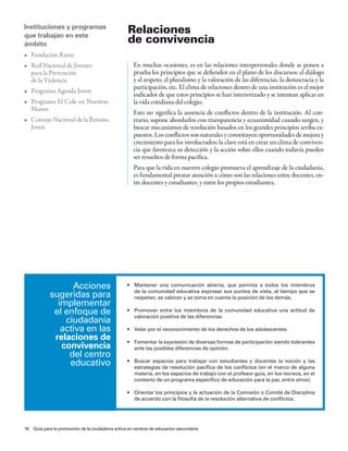 Instituciones y programas
que trabajan en este
                                                  relaciones
ámbito                                            de convivencia
•	 Fundación	Rasur	
•	 Red	Nacional	de	Jóvenes                          En muchas ocasiones, es en las relaciones interpersonales donde se ponen a
   para la Prevención                               prueba los principios que se defienden en el plano de los discursos: el diálogo
   de la Violencia                                  y el respeto, el pluralismo y la valoración de las diferencias, la democracia y la
                                                    participación, etc. El clima de relaciones dentro de una institución es el mejor
•	 Programa	Agenda	Joven	
                                                    indicador de que estos principios se han interiorizado y se intentan aplicar en
•	 Programa	El	Cole	en	Nuestras	                    la vida cotidiana del colegio.
   Manos
                                                    Esto no significa la ausencia de conflictos dentro de la institución. Al con-
•	 Consejo	Nacional	de	la	Persona	                  trario, supone abordarlos con transparencia y ecuanimidad cuando surgen, y
   Joven                                            buscar mecanismos de resolución basados en los grandes principios arriba ex-
                                                    puestos. Los conflictos son naturales y constituyen oportunidades de mejora y
                                                    crecimiento para los involucrados; la clave está en crear un clima de conviven-
                                                    cia que favorezca su detección y la acción sobre ellos cuando todavía pueden
                                                    ser resueltos de forma pacífica.
                                                    Para que la vida en nuestro colegio promueva el aprendizaje de la ciudadanía,
                                                    es fundamental prestar atención a cómo son las relaciones entre docentes, en-
                                                    tre docentes y estudiantes, y entre los propios estudiantes.




                  acciones                       •	 Mantener	 una	 comunicación	 abierta,	 que	 permita	 a	 todos	 los	 miembros	
                                                    de la comunidad educativa expresar sus puntos de vista, al tiempo que se
            sugeridas para                          respetan, se valoran y se toma en cuenta la posición de los demás.
              implementar
             el enfoque de                       •	 Promover	 entre	 los	 miembros	 de	 la	 comunidad	 educativa	 una	 actitud	 de	
                                                    valoración positiva de las diferencias.
                ciudadanía
               activa en las                     •	 Velar	por	el	reconocimiento	de	los	derechos	de	los	adolescentes.
             relaciones de                       •	 Fomentar	la	expresión	de	diversas	formas	de	participación	siendo	tolerantes	
               convivencia                          ante las posibles diferencias de opinión.
                 del centro
                 educativo                       •	 Buscar	 espacios	 para	 trabajar	 con	 estudiantes	 y	 docentes	 la	 noción	 y	 las	
                                                    estrategias de resolución pacífica de los conflictos (en el marco de alguna
                                                    materia, en los espacios de trabajo con el profesor guía, en los recreos, en el
                                                    contexto de un programa específico de educación para la paz, entre otros).

                                                 •	 Orientar	los	principios	y	la	actuación	de	la	Comisión	o	Comité	de	Disciplina	
                                                    de acuerdo con la filosofía de la resolución alternativa de conflictos.




16 Guía para la promoción de la ciudadanía activa en centros de educación secundaria
 