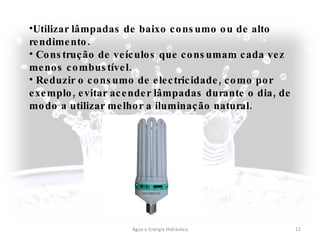 Água e Energia Hidráulica Utilizar lâmpadas de baixo consumo ou de alto rendimento. Construção de veículos que consumam cada vez menos combustível. Reduzir o consumo de electricidade, como por exemplo, evitar acender lâmpadas durante o dia, de modo a utilizar melhor a iluminação natural. 