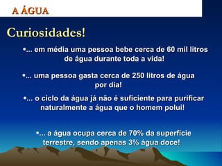 ... em média uma pessoa bebe cerca de 60 mil litros de água durante toda a vida!  A ÁGUA Curiosidades! ... uma pessoa gasta cerca de 250 litros de água por dia! ... o ciclo da água já não é suficiente para purificar naturalmente a água que o homem polui!   ... a água ocupa cerca de 70% da superfície terrestre, sendo apenas 3% água doce!  