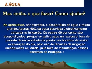 Na agricultura , por exemplo, o desperdício de água é muito grande. Apenas 40% da água desviada é efectivamente utilizada na irrigação. Os outros 60 por cento são desperdiçados, porque se aplica água em excesso, fora do período de necessidade da planta, em horários de maior evaporação do dia, pelo uso de técnicas de irrigação inadequadas ou, ainda, pela falta de manutenção nesses sistemas de irrigação.   ! A ÁGUA Mas então, o que fazer? Como ajudar? 