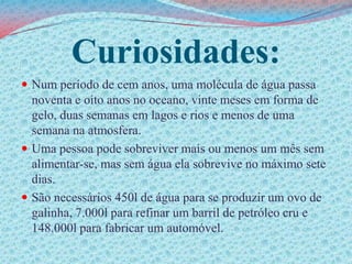 Curiosidades:Num período de cem anos, uma molécula de água passa noventa e oito anos no oceano, vinte meses em forma de gelo, duas semanas em lagos e rios e menos de uma semana na atmosfera.Uma pessoa pode sobreviver mais ou menos um mês sem alimentar-se, mas sem água ela sobrevive no máximo sete dias.São necessários 450l de água para se produzir um ovo de galinha, 7.000l para refinar um barril de petróleo cru e 148.000l para fabricar um automóvel.