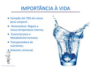 IMPORTÂNCIA À VIDA
              Compõe até 70% do nosso
              peso corporal.
               Homeostase: Regula a
              nossa temperatura interna.
               Essencial para o
              Metabolismo humano.
              Transportadora de
              nutrientes.
              Solvente universal.




Prof. Andretty Coimbra
 