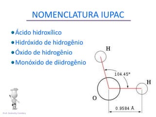 NOMENCLATURA IUPAC
           Ácido hidroxílico
           Hidróxido de hidrogênio
           Óxido de hidrogênio
           Monóxido de diidrogênio




Prof. Andretty Coimbra
 