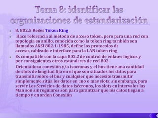    8. 802.5 Redes Token Ring
    Hace referencia al método de acceso token, pero para una red con
    topología en anillo, conocida como la token ring también son
    llamados ANSI 802.1-1985, define los protocolos de
    acceso, cableado e interface para la LAN token ring
   Es compatible con la capa 802.2 de control de enlaces lógicos y
    por consiguientes otros estándares de red 802
    Orientados a conexión y/o isocronas y el bus tiene una cantidad
    de slots de longitud fija en el que son situados los datos para
    transmitir sobre el bus y cualquier que necesite transmitir
    simplemente sitúa los datos en uno o mas slots, sin embargo, para
    servir Los Servicios de datos isócronos, los slots en intervalos las
    Man son sin regulares son para garantizar que los datos llegan a
    tiempo y en orden Conexión
 