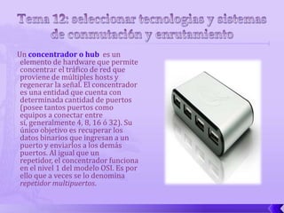 Un concentrador o hub es un
 elemento de hardware que permite
 concentrar el tráfico de red que
 proviene de múltiples hosts y
 regenerar la señal. El concentrador
 es una entidad que cuenta con
 determinada cantidad de puertos
 (posee tantos puertos como
 equipos a conectar entre
 sí, generalmente 4, 8, 16 ó 32). Su
 único objetivo es recuperar los
 datos binarios que ingresan a un
 puerto y enviarlos a los demás
 puertos. Al igual que un
 repetidor, el concentrador funciona
 en el nivel 1 del modelo OSI. Es por
 ello que a veces se lo denomina
 repetidor multipuertos.
 