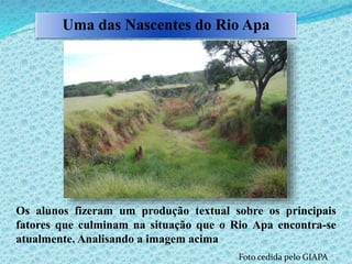Uma das Nascentes do Rio Apa
Os alunos fizeram um produção textual sobre os principais
fatores que culminam na situação que o Rio Apa encontra-se
atualmente. Analisando a imagem acima
Foto cedida pelo GIAPA
 