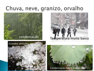 condensação   Temperatura muito baixa
Grandes altitudes




                      Condensação nas folhas e solo
 