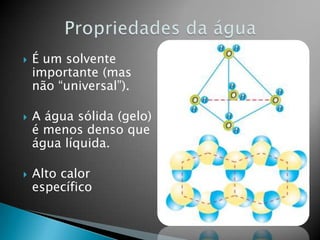    É um solvente
    importante (mas
    não “universal”).

   A água sólida (gelo)
    é menos denso que
    água líquida.

   Alto calor
    específico
 