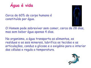 Água é vida

Cerca de 60% do corpo humano é
constituído por água.


O Homem pode sobreviver sem comer, cerca de 28 dias,
mas sem beber água apenas 4 dias.

No organismo, a água transporta os alimentos, os
resíduos e os sais minerais, lubrifica os tecidos e as
articulações, conduz a glicose e o oxigénio para o interior
das células e regula a temperatura.
 