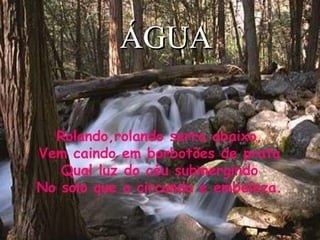 ÁGUAÁGUA
Rolando,rolando serra abaixo,
Vem caindo em borbotões de prata
Qual luz do céu submergindo
No solo que a circunda e embeleza.
 