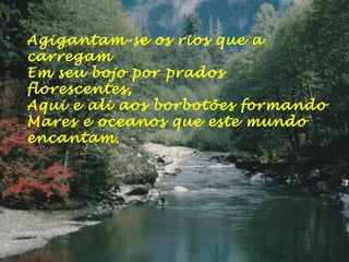 Agigantam-se os rios que a
carregam
Em seu bojo por prados
florescentes,
Aqui e ali aos borbotões formando
Mares e oceanos que este mundo
encantam.
 