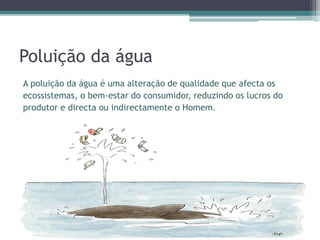 Poluição da água
A poluição da água é uma alteração de qualidade que afecta os
ecossistemas, o bem-estar do consumidor, reduzindo os lucros do
produtor e directa ou indirectamente o Homem.
 