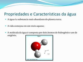 Propriedades e Características da água
 A água é a substancia mais abundante do planeta terra;
 A vida começou em um meio aquoso;
 A molécula da água é composta por dois átomos de hidrogênio e um de
oxigênio;
 