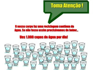 O nosso corpo faz uma reciclagem contínua da
água. Se não fosse assim precisávamos de beber…
Uns 1.000 copos de água por dia!
Toma Atenção !
 