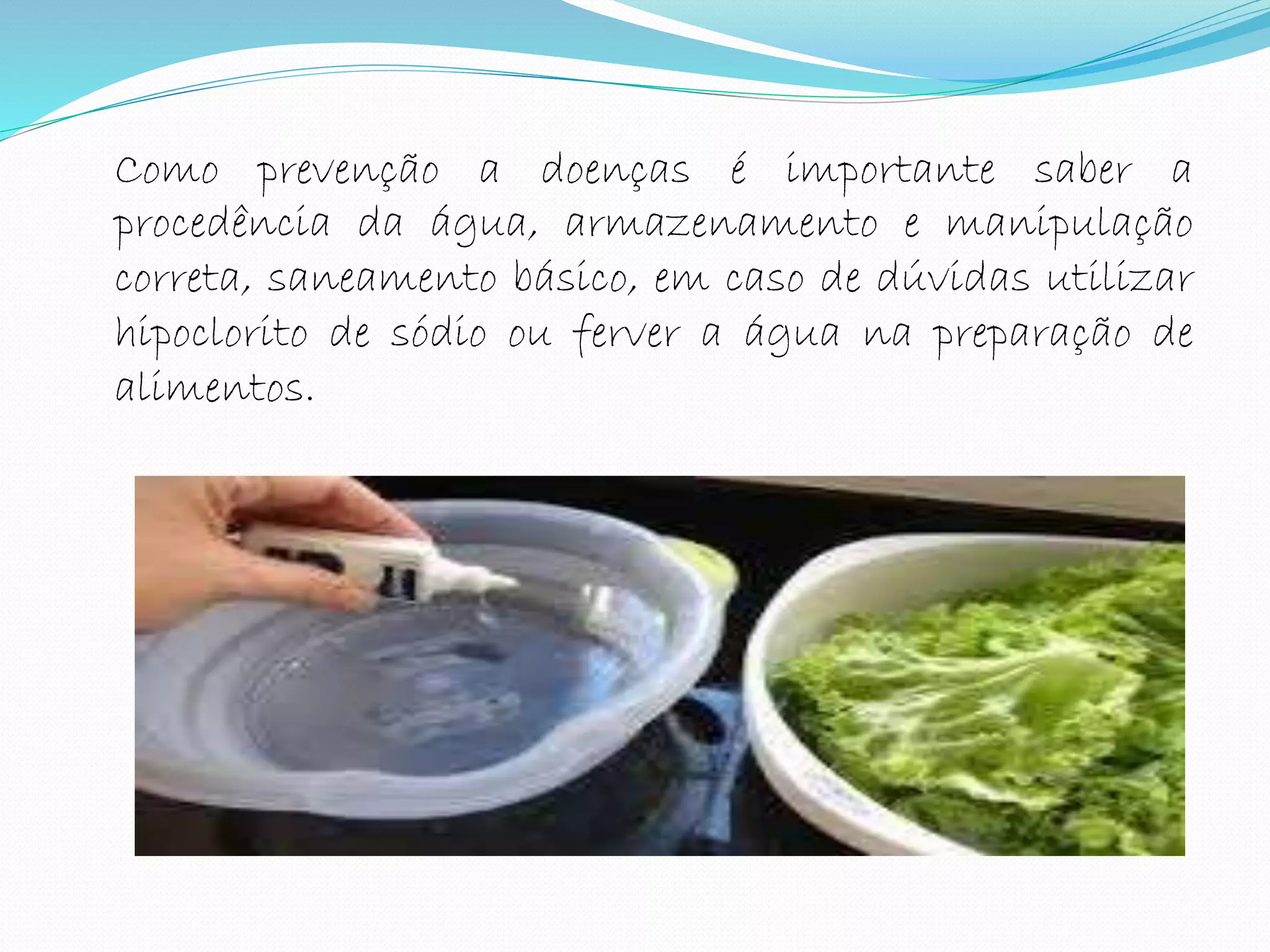 Como prevenção a doenças é importante saber a
procedência da água, armazenamento e manipulação
correta, saneamento básico, em caso de dúvidas utilizar
hipoclorito de sódio ou ferver a água na preparação de
alimentos.
 