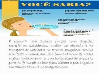 É essencial para diversas funções como digestão,
excreção de substâncias, auxilia na absorção e no
transporte de nutrientes na corrente sanguínea, previne
a infecção urinária, auxilia o funcionamento de nossos
órgãos, ajuda no equilíbrio da temperatura do corpo, faz
parte na formação do bolo fecal, hidrata a pele, ingerida
corretamente auxilia no emagrecimento.
 